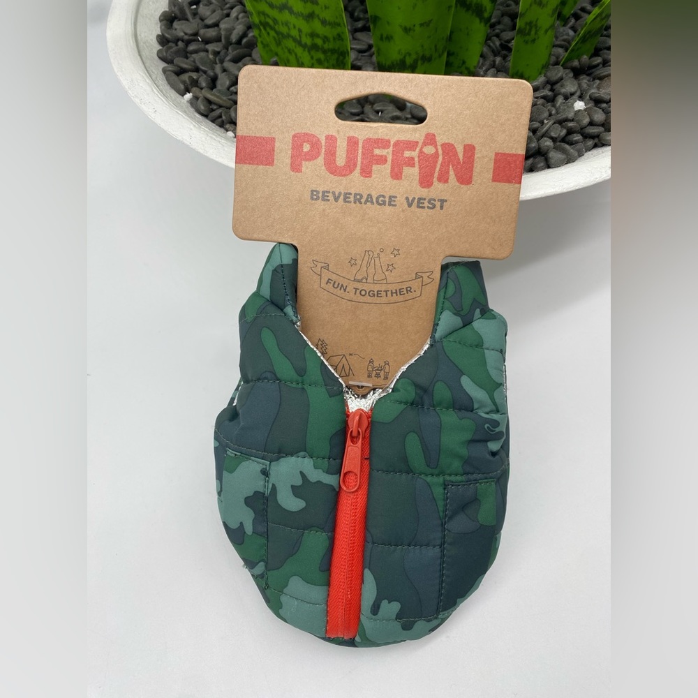 Puffin - The Puffy Beverage Vest - Insulated Can Cooler, Camo Green & Orange NEW